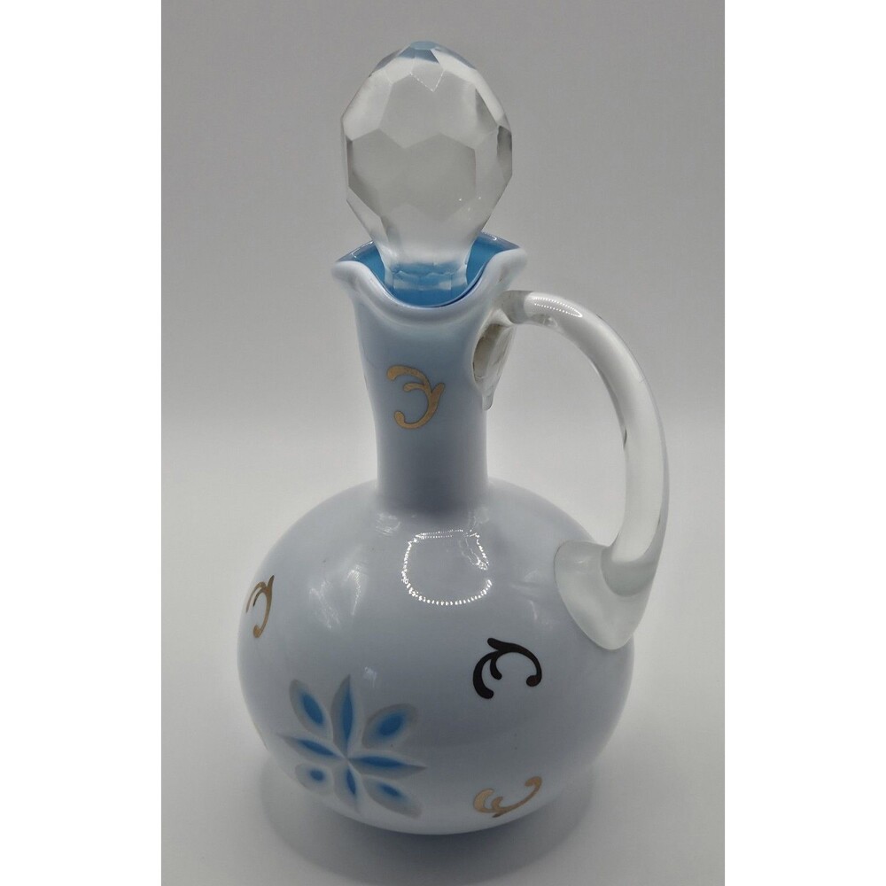 Vintage Egermann Czech Bohemian Glass Cruet White Cut to Turquoise Blue Gold Oil